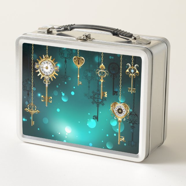 Antique Skeleton Keys on Green Background Metal Lunch Box (Front)