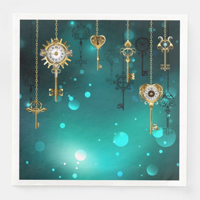 Antique Skeleton Keys on Green Background Napkin (Front)