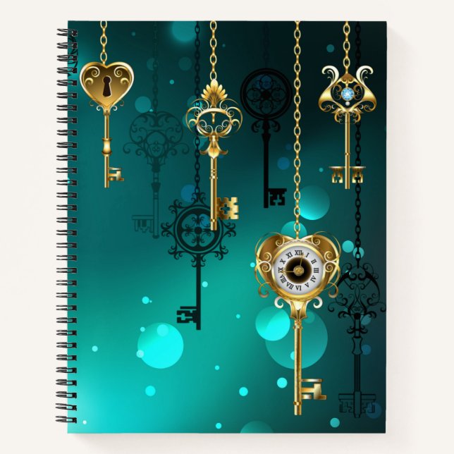 Antique Skeleton Keys on Green Background Notebook (Front)