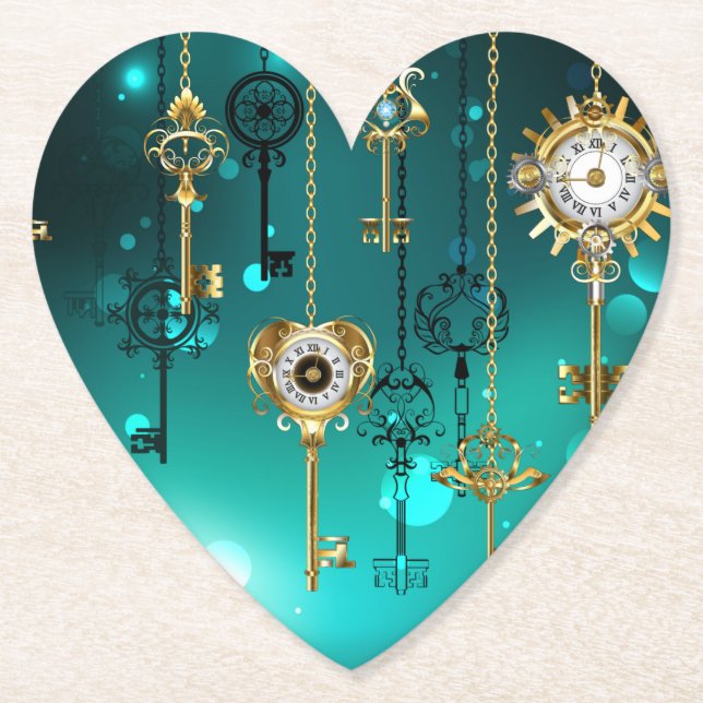 Antique Skeleton Keys on Green Background Paper Coaster (Front)