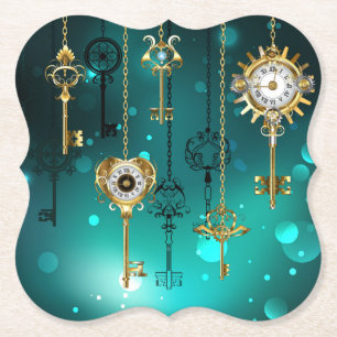 Antique Skeleton Keys on Green Background Paper Coaster