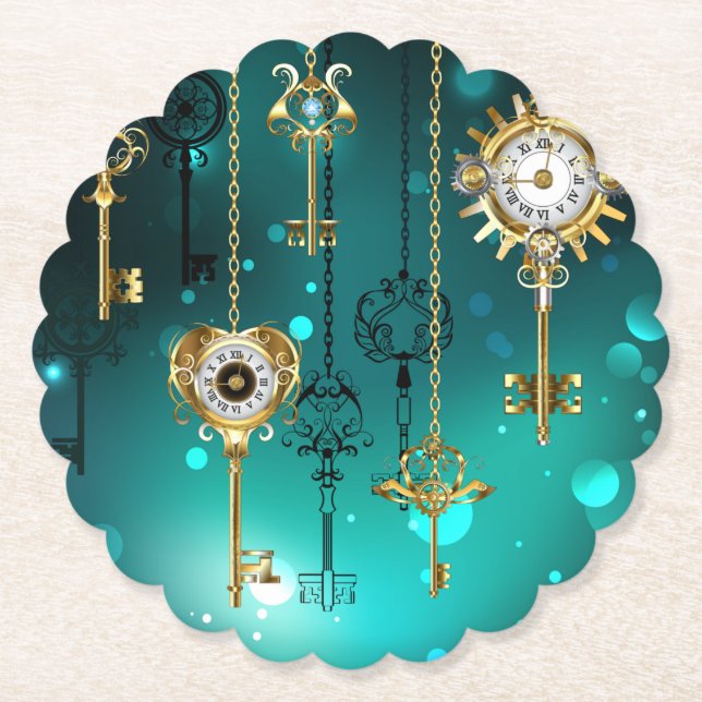 Antique Skeleton Keys on Green Background Paper Coaster (Front)