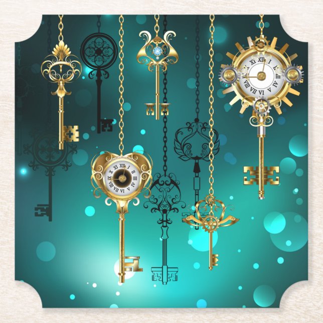 Antique Skeleton Keys on Green Background Paper Coaster (Front)