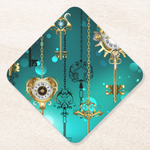 Antique Skeleton Keys on Green Background Paper Coaster