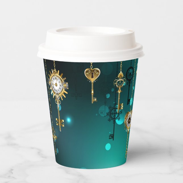 Antique Skeleton Keys on Green Background Paper Cups (Front)