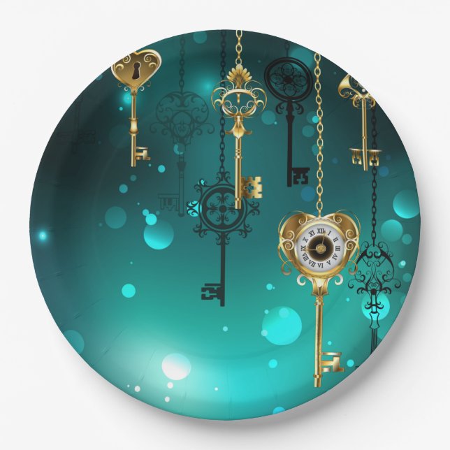 Antique Skeleton Keys on Green Background Paper Plate (Front)