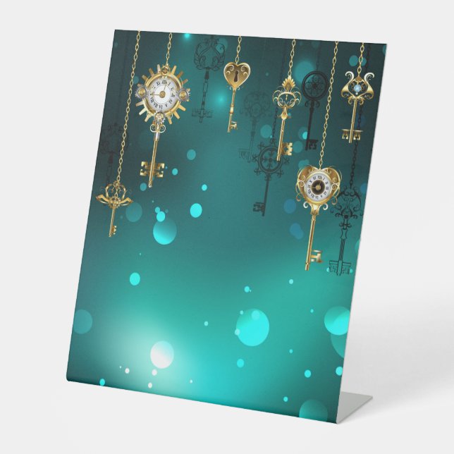 Antique Skeleton Keys on Green Background Pedestal Sign (Front)