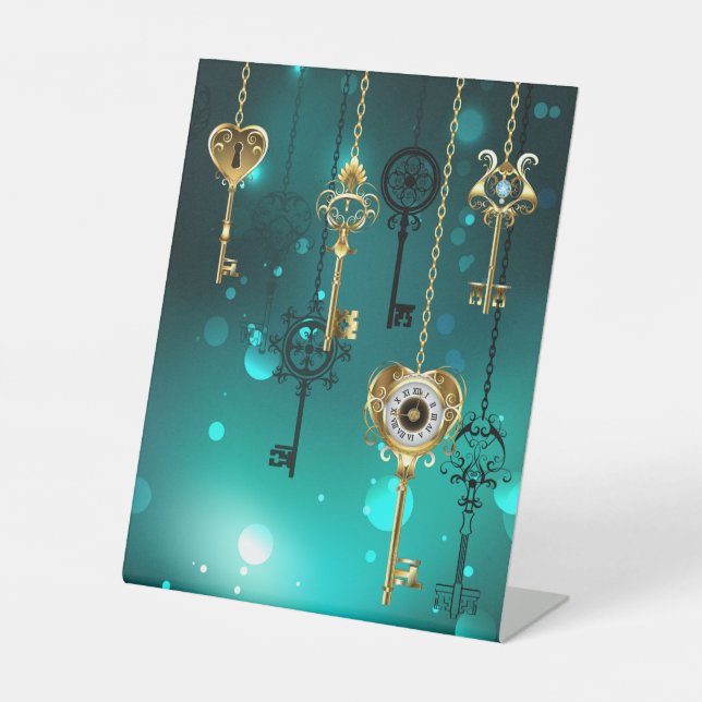 Antique Skeleton Keys on Green Background Pedestal Sign (Front)