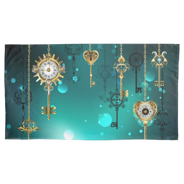 Antique Skeleton Keys on Green Background Pillowcase (Front)