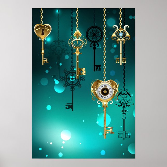 Antique Skeleton Keys on Green Background Poster (Front)
