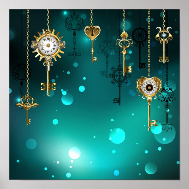 Antique Skeleton Keys on Green Background Poster (Front)