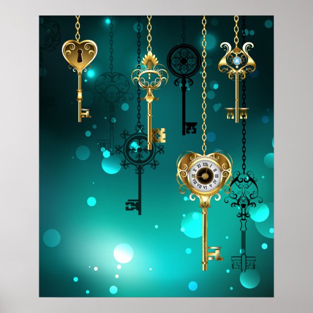 Antique Skeleton Keys on Green Background Poster (Front)