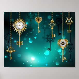 Antique Skeleton Keys on Green Background Poster