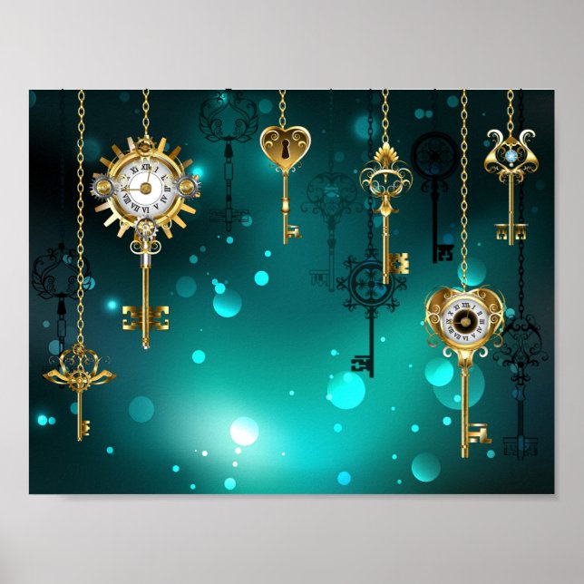 Antique Skeleton Keys on Green Background Poster (Front)