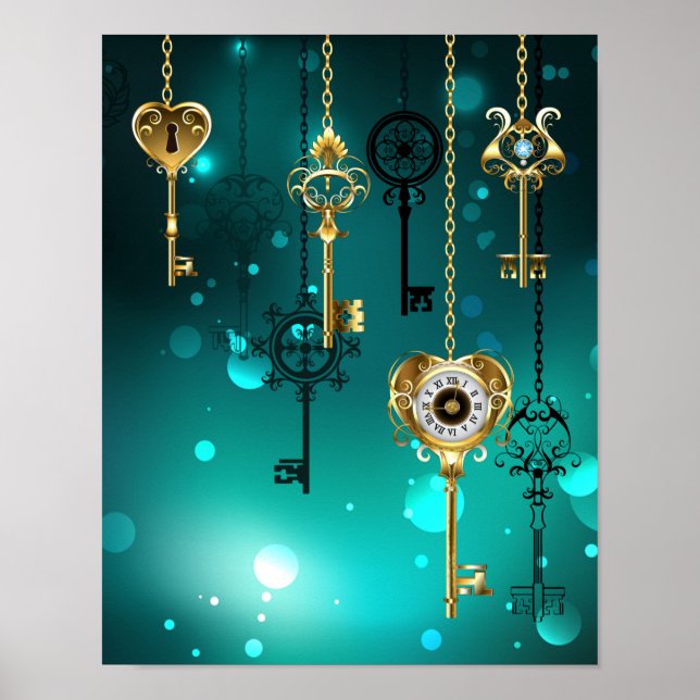 Antique Skeleton Keys on Green Background Poster (Front)
