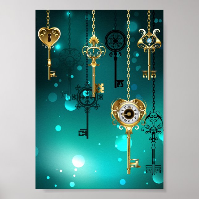 Antique Skeleton Keys on Green Background Poster (Front)