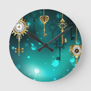 Antique Skeleton Keys on Green Background Round Clock