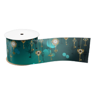 Antique Skeleton Keys on Green Background Satin Ribbon