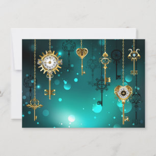 Antique Skeleton Keys on Green Background Save The Date