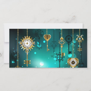 Antique Skeleton Keys on Green Background Save The Date