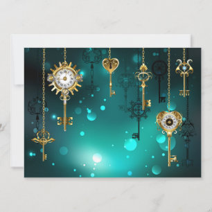 Antique Skeleton Keys on Green Background Save The Date