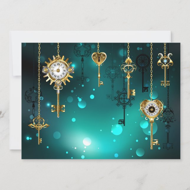 Antique Skeleton Keys on Green Background Save The Date (Front)