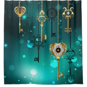 Antique Skeleton Keys on Green Background Shower Curtain