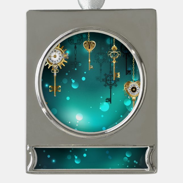 Antique Skeleton Keys on Green Background Silver Plated Banner Ornament (Front)