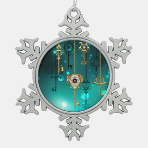 Antique Skeleton Keys on Green Background Snowflake Pewter Christmas Ornament
