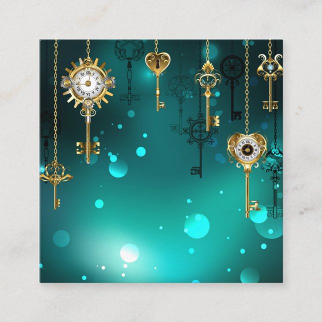 Antique Skeleton Keys on Green Background Square Business Card (Front)