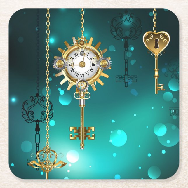 Antique Skeleton Keys on Green Background Square Paper Coaster (Front)