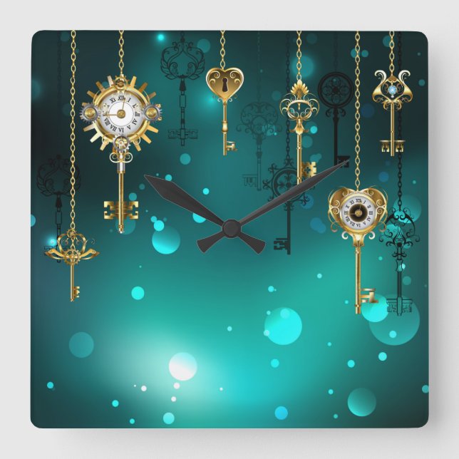 Antique Skeleton Keys on Green Background Square Wall Clock (Front)