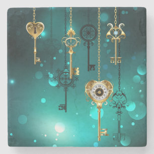 Antique Skeleton Keys on Green Background Stone Coaster