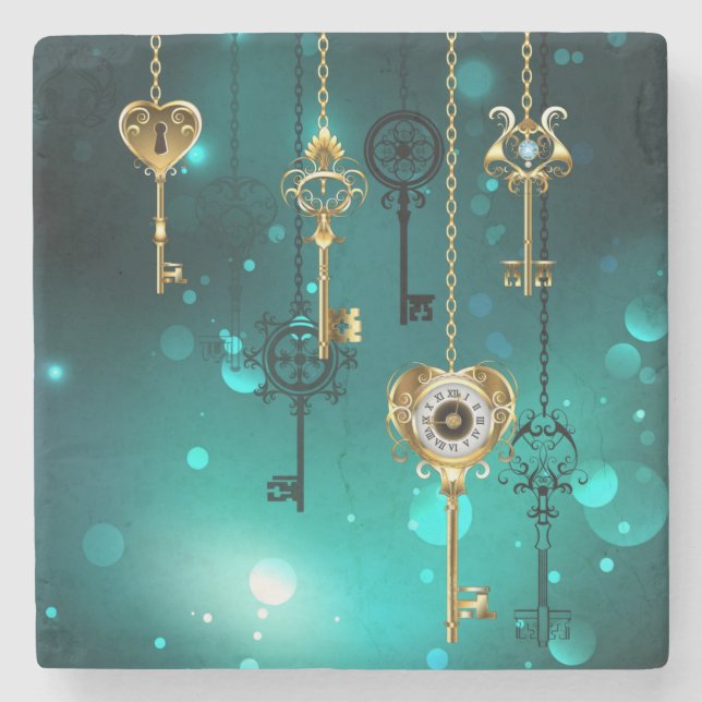 Antique Skeleton Keys on Green Background Stone Coaster (Front)