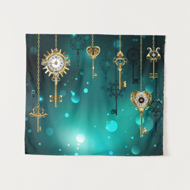 Antique Skeleton Keys on Green Background Tapestry (Front (Horizontal))