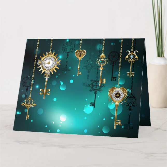 Antique Skeleton Keys on Green Background Thank You Card (Front)