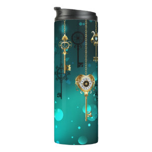 Antique Skeleton Keys on Green Background Thermal Tumbler