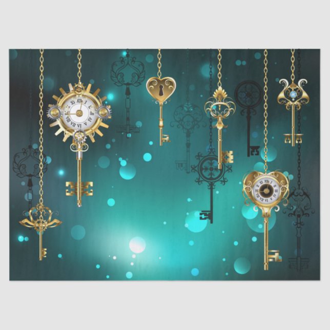 Antique Skeleton Keys on Green Background Tissue Paper (Front)