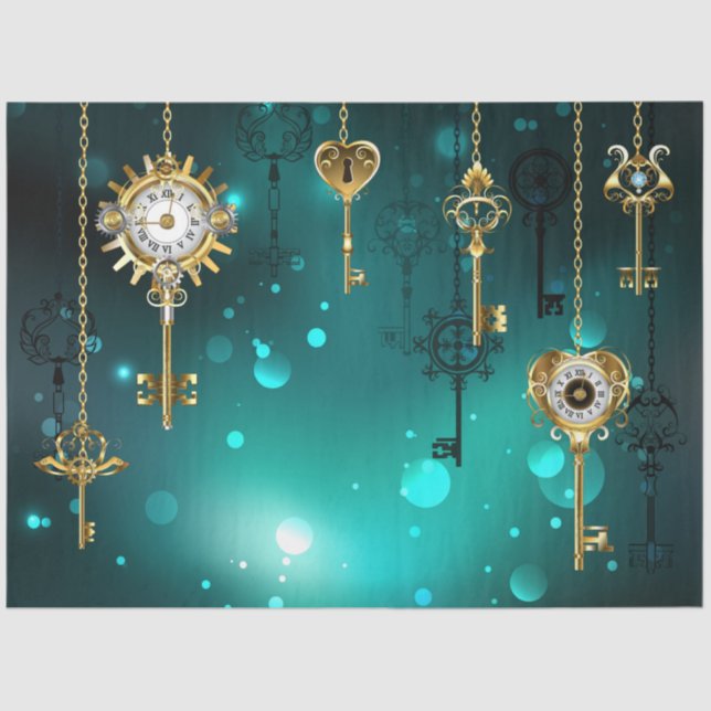 Antique Skeleton Keys on Green Background Tissue Paper (Front)