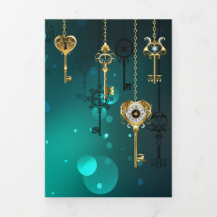 Antique Skeleton Keys on Green Background Tri-Fold Announcement