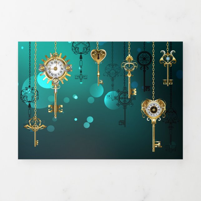 Antique Skeleton Keys on Green Background Tri-Fold Invitation (Cover)