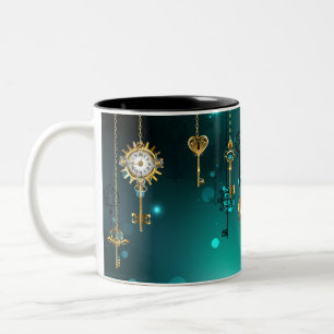 Antique Skeleton Keys on Green Background Two-Tone Coffee Mug