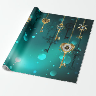 Antique Skeleton Keys on Green Background Wrapping Paper