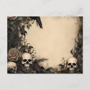 Antique Skulls Black Flowers & Greenery Halloween Holiday Postcard