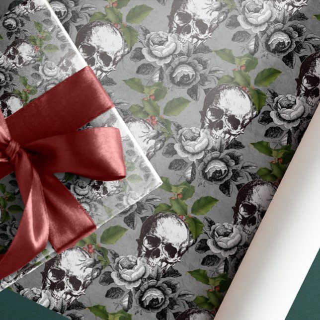 ANTIQUE SKULLS BLACK GRAY ROSES  WRAPPING PAPER (SKULL DEATH BLACK ROSES FLOWERS CHRISTMAS HOLLY LEAVES GOTHIC)