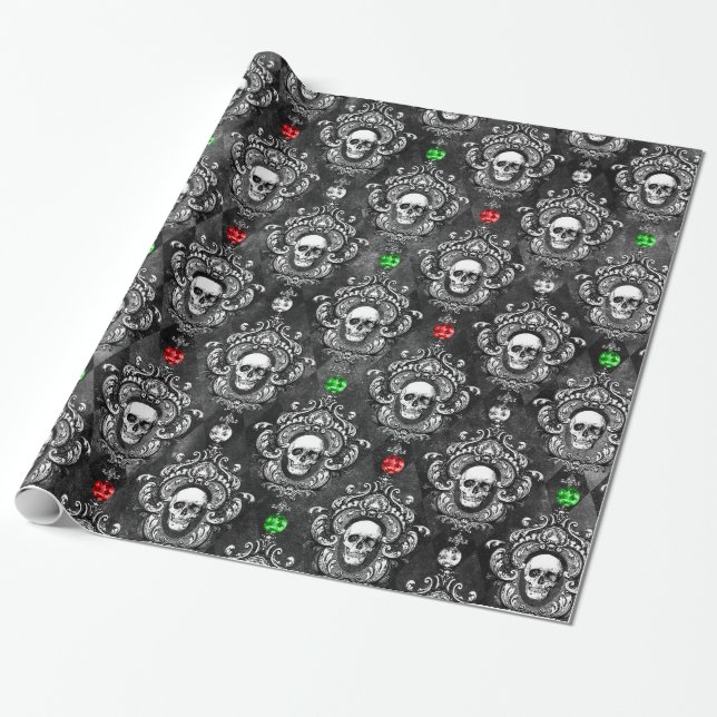 Antique Skulls embellishment Gothic Christmas Wrapping Paper (Unrolled)