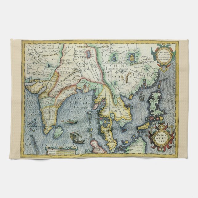 Antique Southeast Asian Map by Mercator / Hondius Tea Towel (Horizontal)