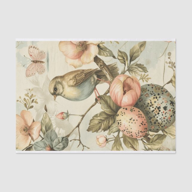 Antique Spring Bird Floral Easter Egg Decoupage Tissue Paper (Front)