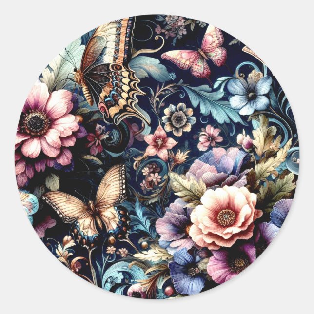 Antique Spring Flowers and Butterflies  Classic Round Sticker (Front)