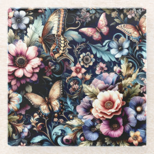 Antique Spring Flowers and Butterflies  Glass Coaster